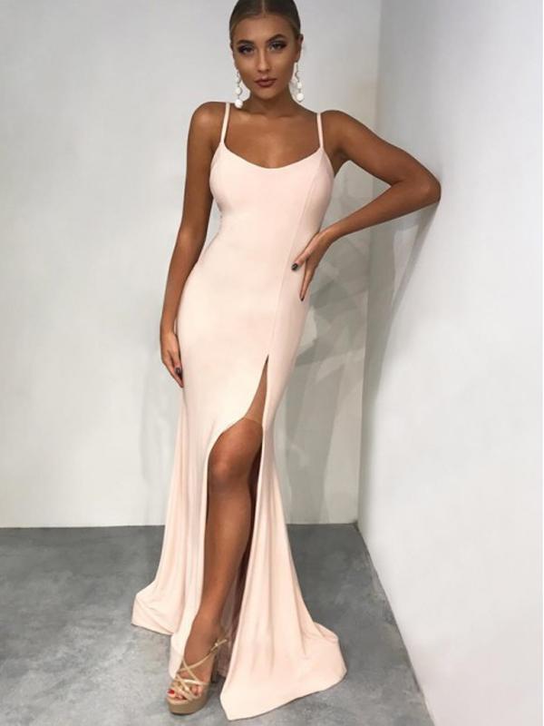 Light Pink Spaghetti Strap Side Slit ...